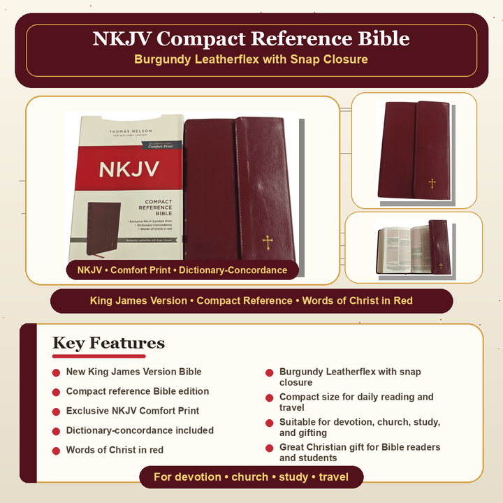 NKJV Compact Reference Bible, Comfort Print – Burgundy Leatherflex with Snap Closure (Thomas Nelson)
