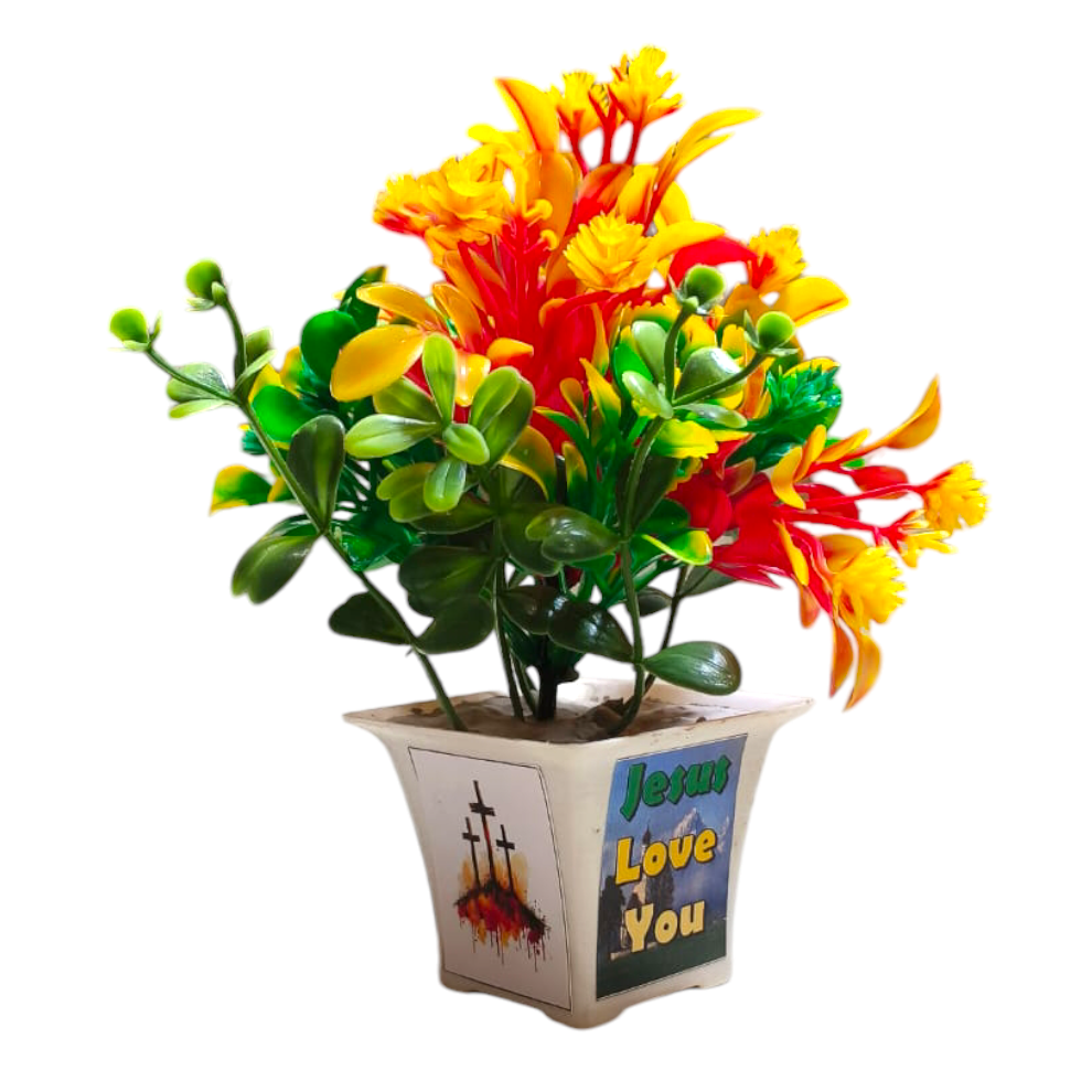 Artificial Faux Flower | 4 Combo Flower's | Bible Verse Printed Plant for Home Office Decor | Table top Desk Decor yellow,Red, Green,Blue,Eucalyptus | Artificial Flower Home Made pot